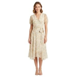 Kate And Lily Dress Womens 12 White Floral Chiffon Wrap Midi Puff Sleeve Boho